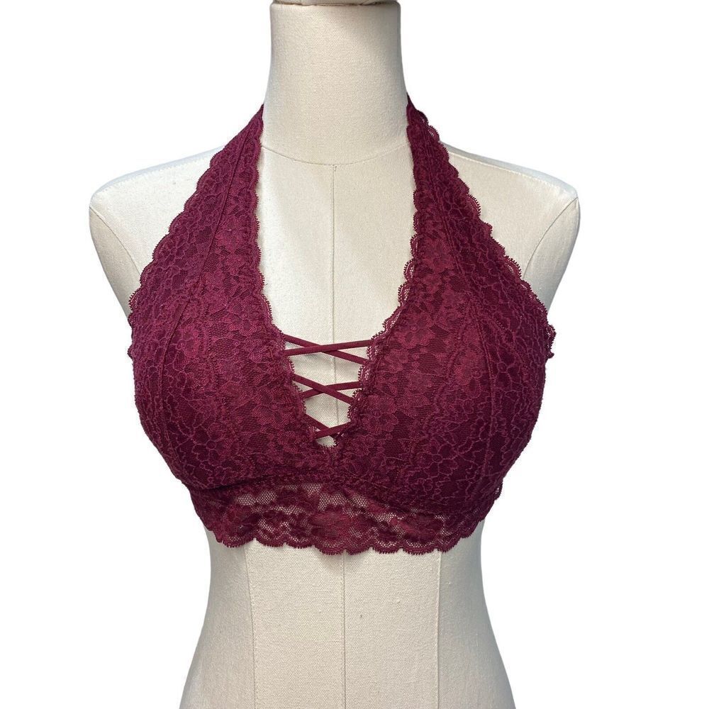Hollister Gilly Hicks Strappy Halter Bralette Lace Medium Burgundy Sydney